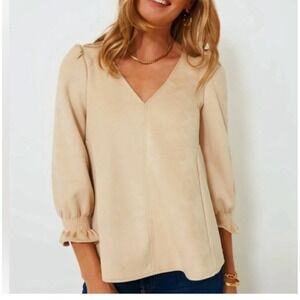 Tuckernuck‎ V-Neck Easton Suede Swing Long Sleeve Top Beige Size Medium